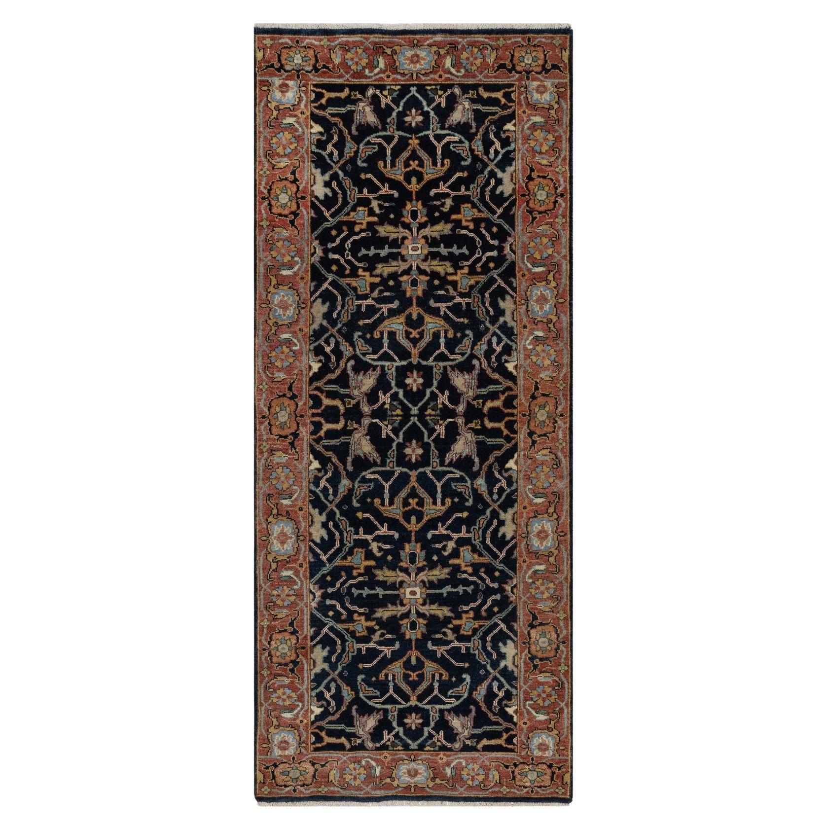 2'6"x6'2" Caviar Blue Antiqued Heriz Re-Creation Hand Knotted Wool Runner Rug