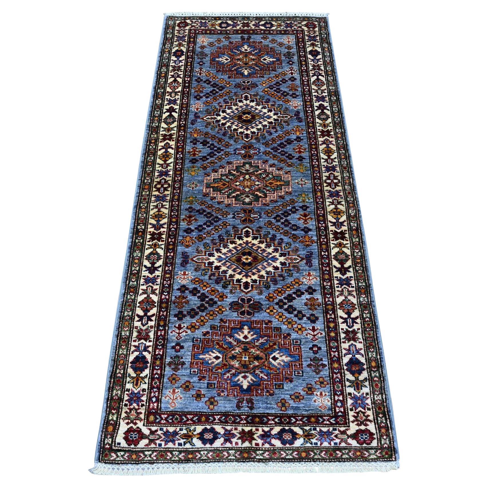 2
6"x6
2" Glaucous Gray Hand Knotted Super Kazak Motifs Wool Runner Oriental Rug