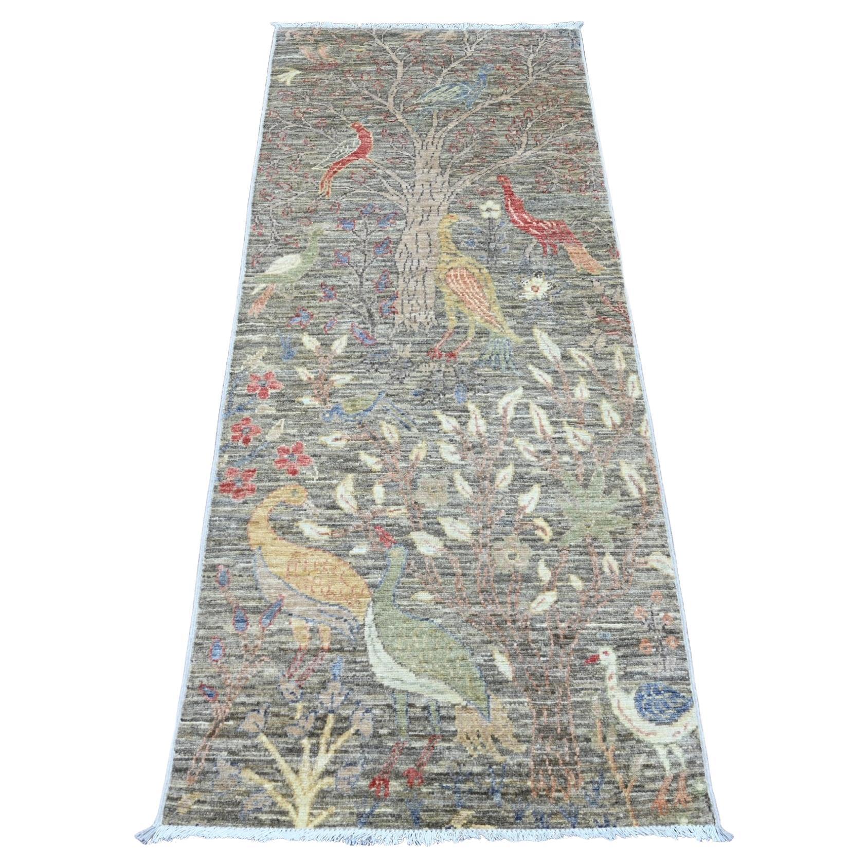 2'6"x6'2" Gray Peshawar Birds of Paradise Design Hand Knotted Wool Runner Rug