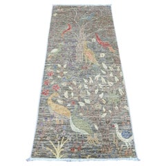 2'6"x6'2" Gray Peshawar Birds of Paradise Design Hand Knotted Wool Runner Rug