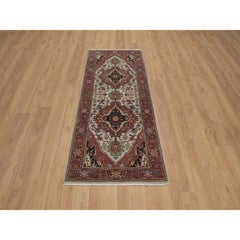2'6"x6'2" Ivory Antiqued Fine Heriz Re-Creation Hand Knotted All Wool Runner Rug