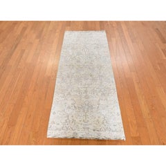 2'6"x6'2" Ivory Tabriz Vase Pomegranate Design Pure Silk Hand Knotted Runner Rug
