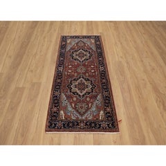 2'6"x6'2" Red Antiqued Heriz Recreation Hand Knotted New Zealand Wool Runner Rug