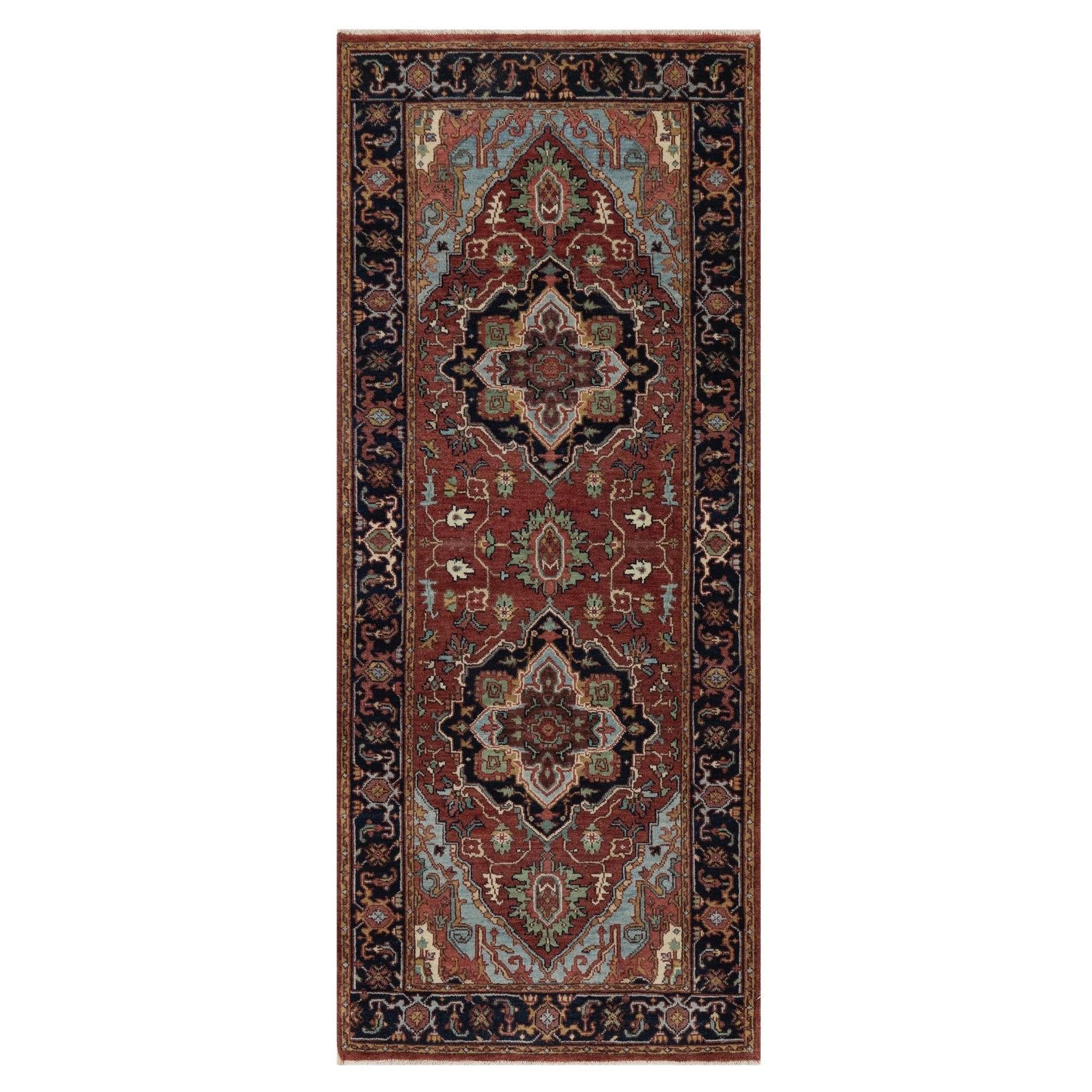 2'6"x6'2" Red Antiqued Heriz Recreation Hand Knotted New Zealand Wool Runner Rug
