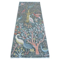 2'6"x6'2" Slate Gray Hand Knotted Soft Wool Birds Paradise Peshawar Runner Rug