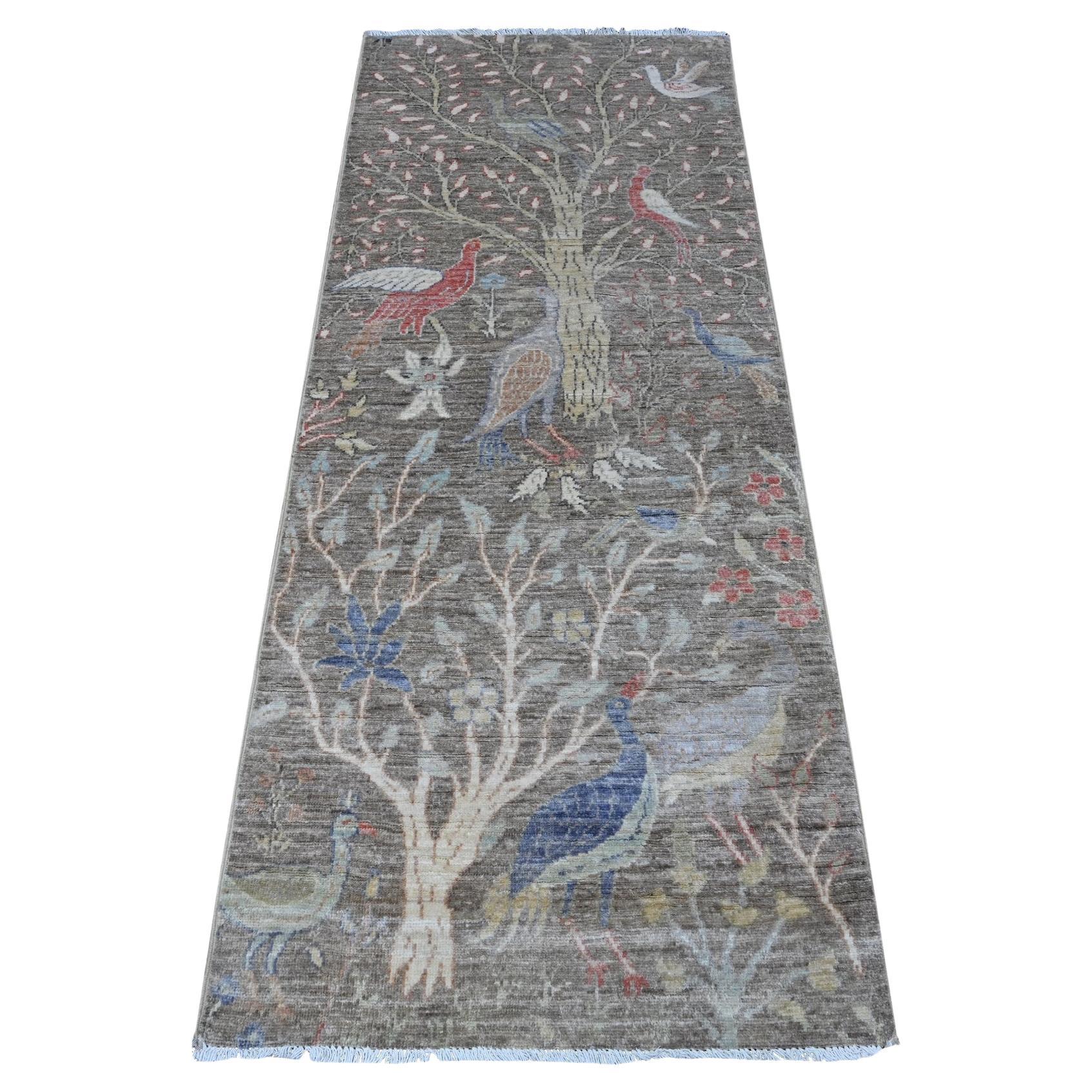 2
6"x6
2" Steel Gray Hand Knotted Birds of Paradise Wool Runner Oriental Rug