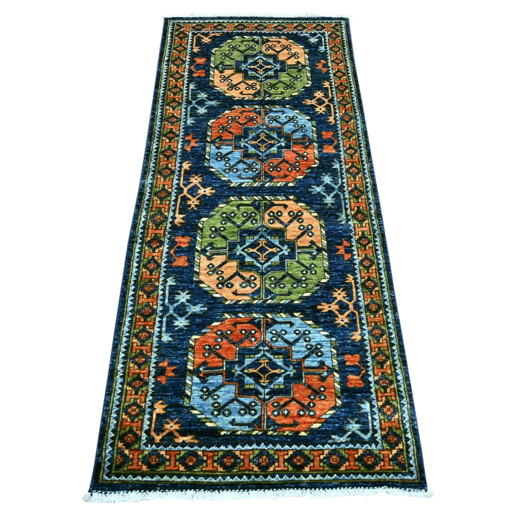 2'6"x6'3" Blue Afghan Ersari Elephant Feet Design Hand Knotted Wool Runner Rug