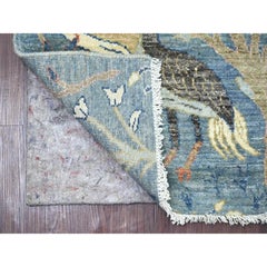2'6"x6'3" Blue Peshawar Birds of Paradise Design Hand Knotted Wool Runner Rug