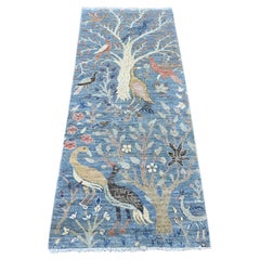 2'6"x6'3" Blue Peshawar Birds of Paradise Design Hand Knotted Wool Runner Rug