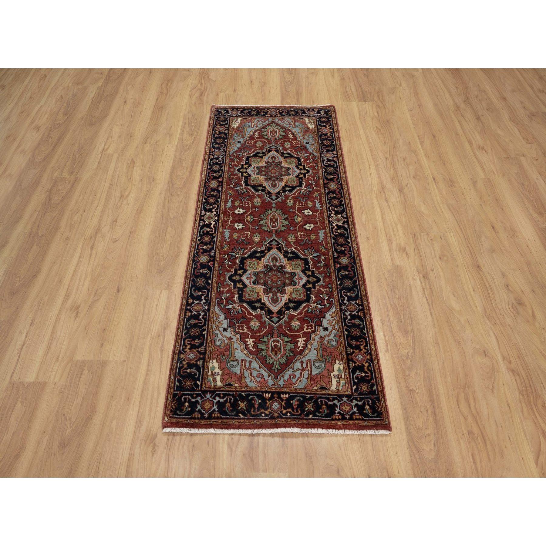 Auburn Red, Antiqued Fine Heriz Re-Creation, Hand Knotted, Hand Spun New Zealand Wool, Soft Pile, Vegetable Dyes, Denser Weave, Runner, Oriental Rug
Primary materials: Wool
Latex: No Pile 
height: 0.25 Inches
Style: Traditional
Primary color:
