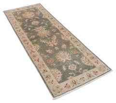 2.6x6.6 ft Handmade Sage Green, Ivory, Red Wool Runner Rug. Floral Corridor Rug