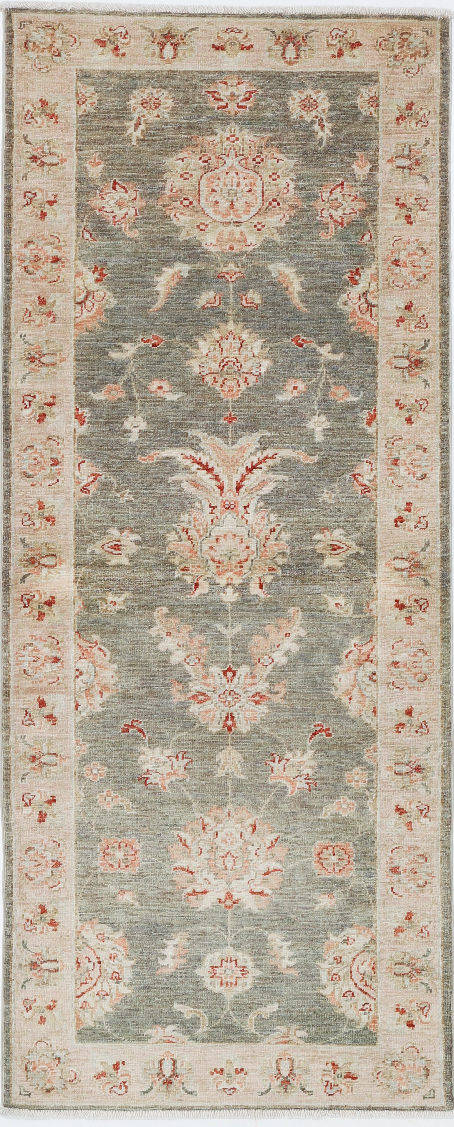 2.6x6.6 ft Handmade Sage Green, Ivory, Red Wool Runner Rug. Floral Corridor Rug