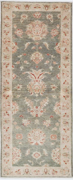 2.6x6.6 ft Handmade Sage Green, Ivory, Red Wool Runner Rug. Floral Corridor Rug