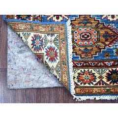 2'6"x6'8" Cerulean Blue Hand Knotted Afghan Super Kazak Wool Runner Rug