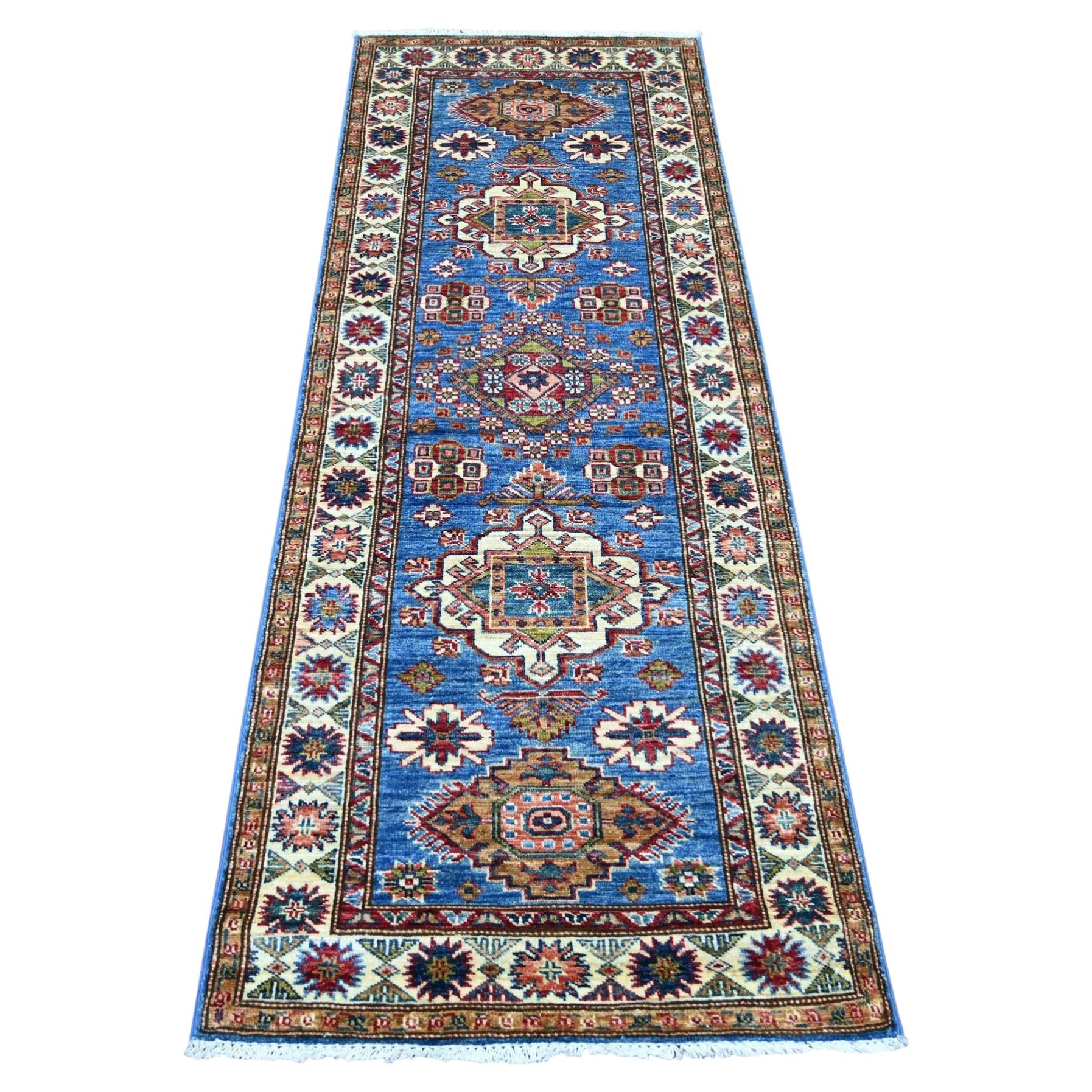 2'6"x6'8" Cerulean Blue Hand Knotted Afghan Super Kazak Wool Runner Rug