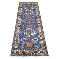2'6"x6'8" Cerulean Blue Hand Knotted Afghan Super Kazak Wool Runner Rug