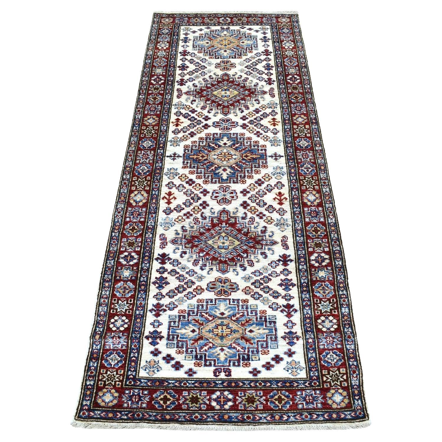 2'6"x6'9" Hand Knotted Super Kazak Geometric Medallions Wool Ivory Runner Rug