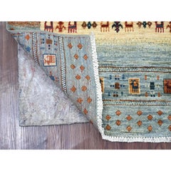 Light Blue Fine Kashkuli Gabbeh Style Hand Knotted Pure Wool Runner Rug