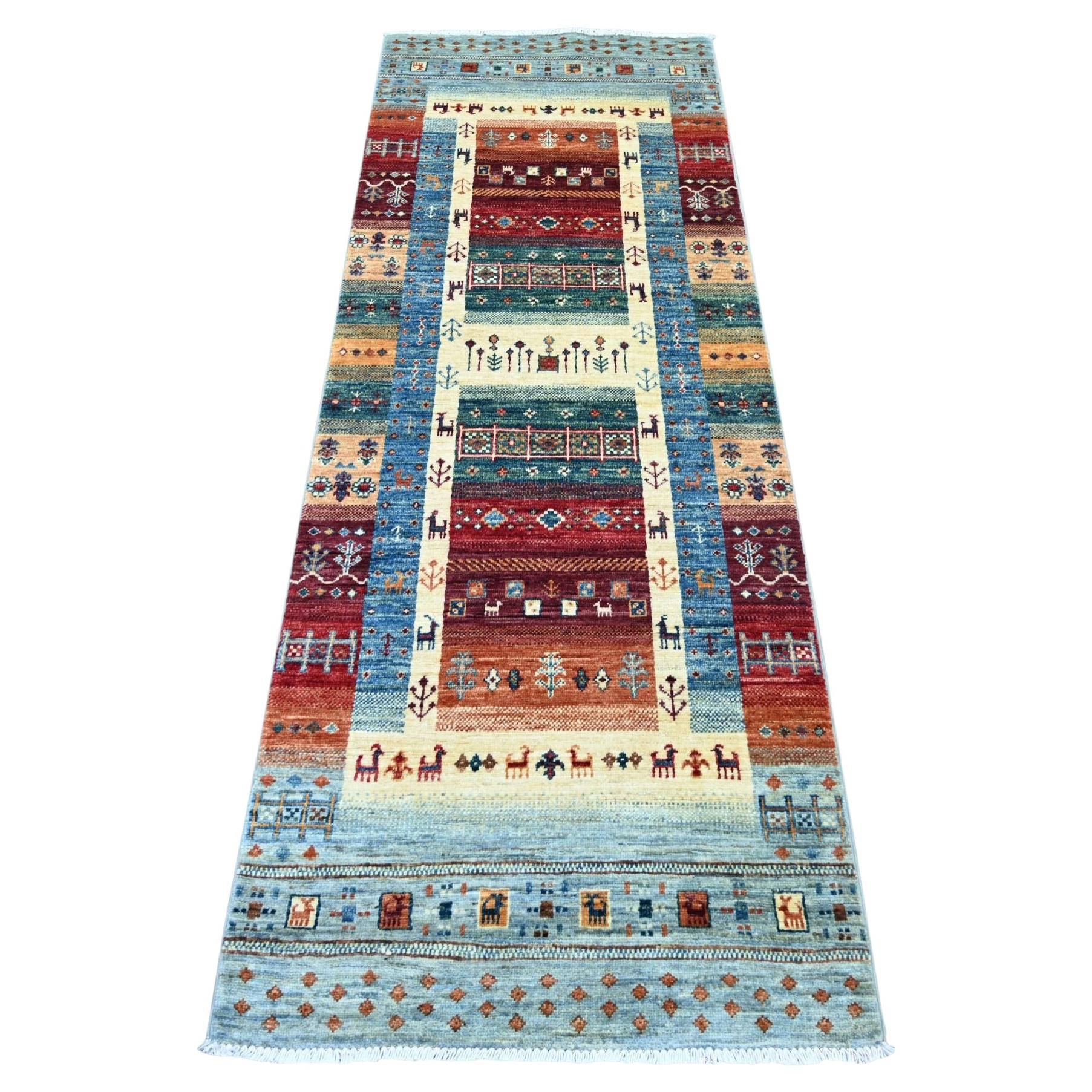 Light Blue Fine Kashkuli Gabbeh Style Hand Knotted Pure Wool Runner Rug