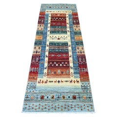 Light Blue Fine Kashkuli Gabbeh Style Hand Knotted Pure Wool Runner Rug
