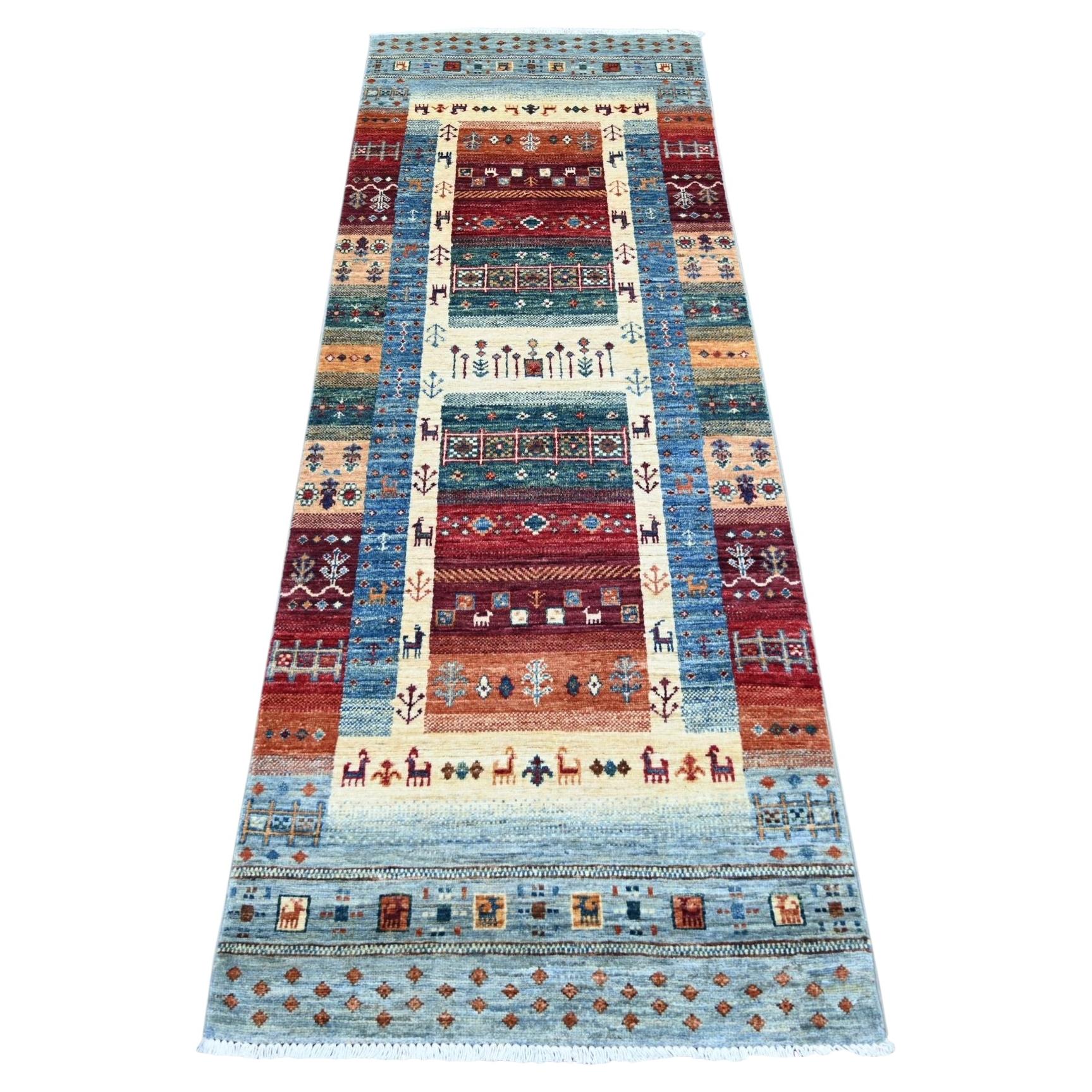 2'6"x7'1" Light Blue Wool Fine Kashkuli Gabbeh Hand Knotted Narrow Runner Rug For Sale