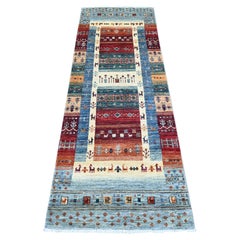 2'6"x7'1" Light Blue Wool Fine Kashkuli Gabbeh Hand Knotted Narrow Runner Rug