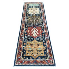 2'6 "x7'10" Azul Caucásico Diseño Akstafa Alfombra Oriental de Lana Anudada a Mano