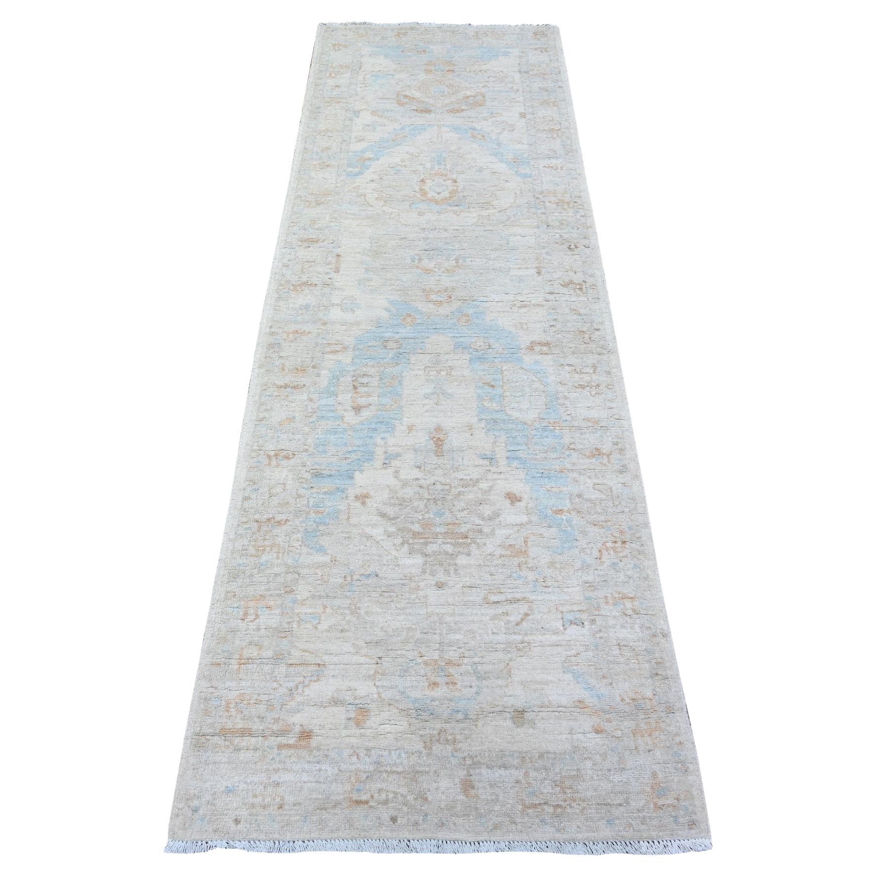 2
6"x7
10" Goose Gray, White Wash Peshawar, Hand Knotted, Pure Wool Runner Rug For Sale