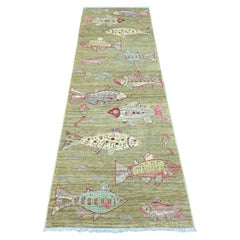 2'6"x7'10" Swamp Green Hand Knotted Peshawar Oceanic Fish Design Wool Runner Rug