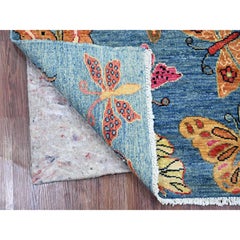 2'6"x7'6" Blue Afghan Peshawar Butterfly Design Wool Hand Knotted Runner Rug