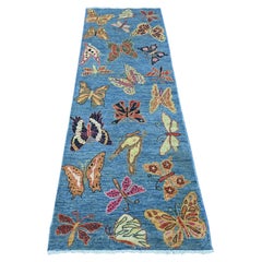 2'6"x7'6" Blue Afghan Peshawar Butterfly Design Wool Hand Knotted Runner Rug