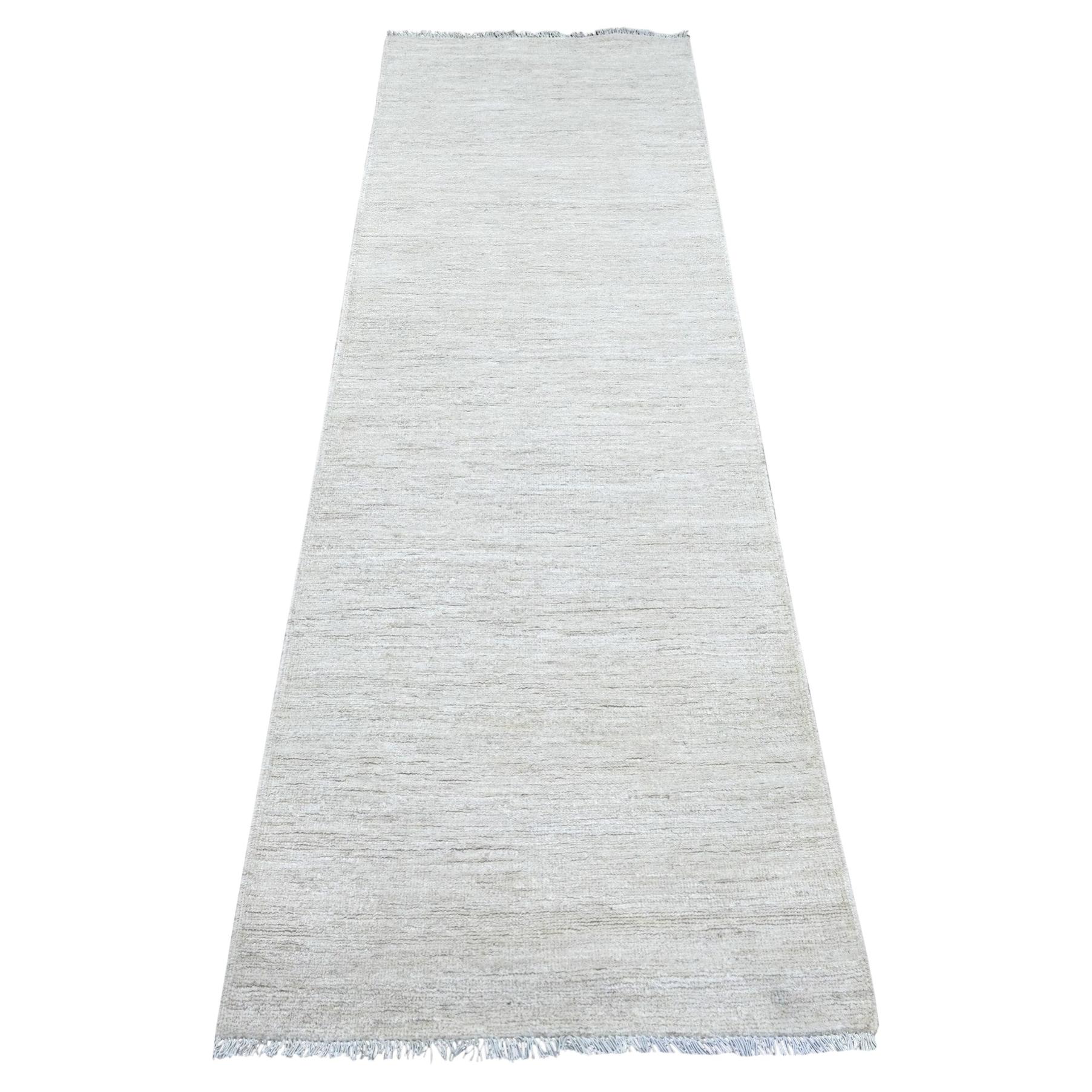 2'6"x7'6" Ivory Plain Solid Pattern Hand Knotted Ghazni Wool Runner Oriental Rug