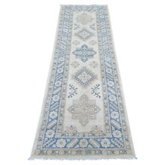2'6"x7'6" Ivory Vintage Look Kazak with Medallions Hand Knotted Wool Runner Rug