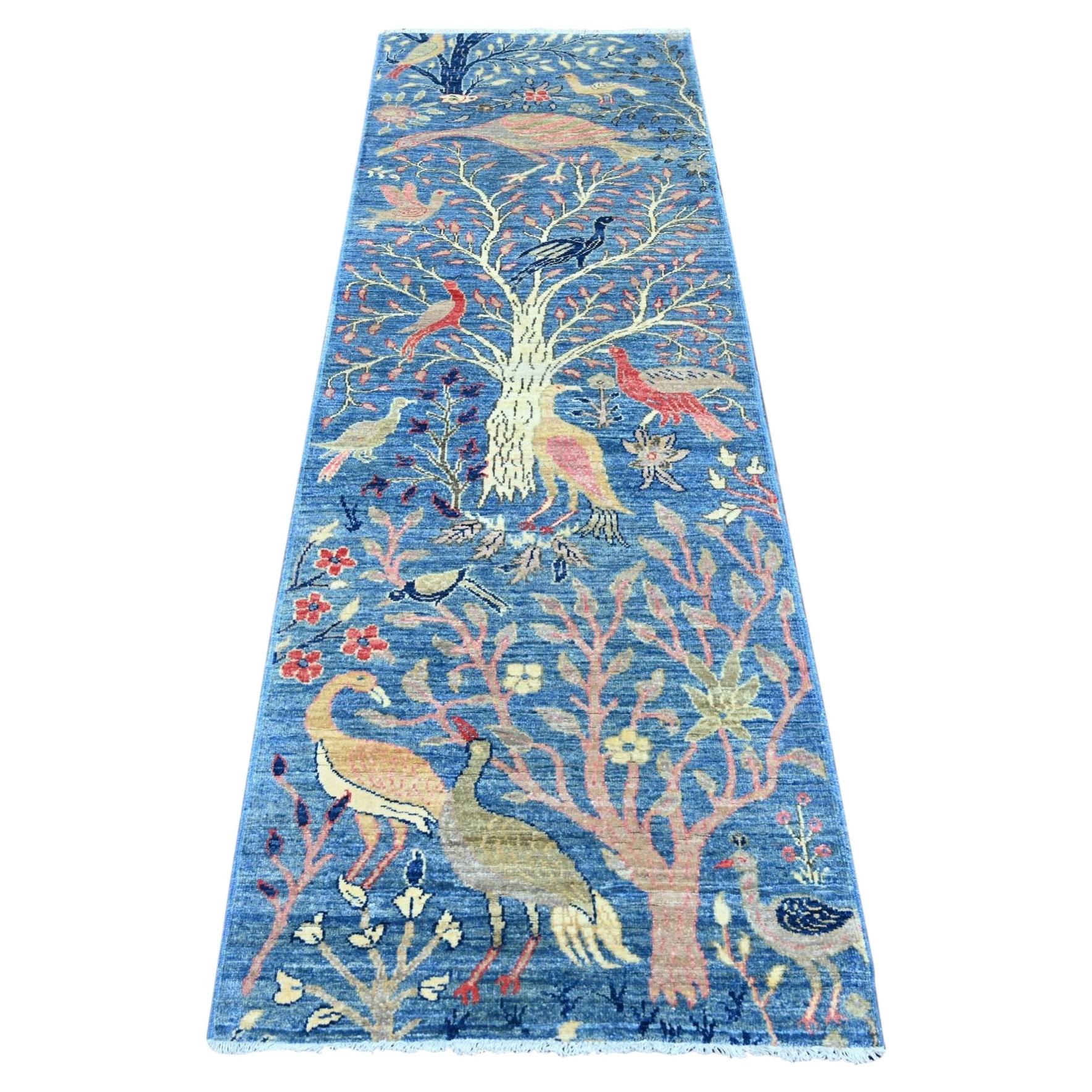 2'6"x7'7" Blue Peshawar Birds of Paradise Design Hand Knotted Wool Runner Rug