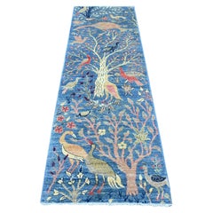 2'6"x7'7" Blue Peshawar Birds of Paradise Design Hand Knotted Wool Runner Rug