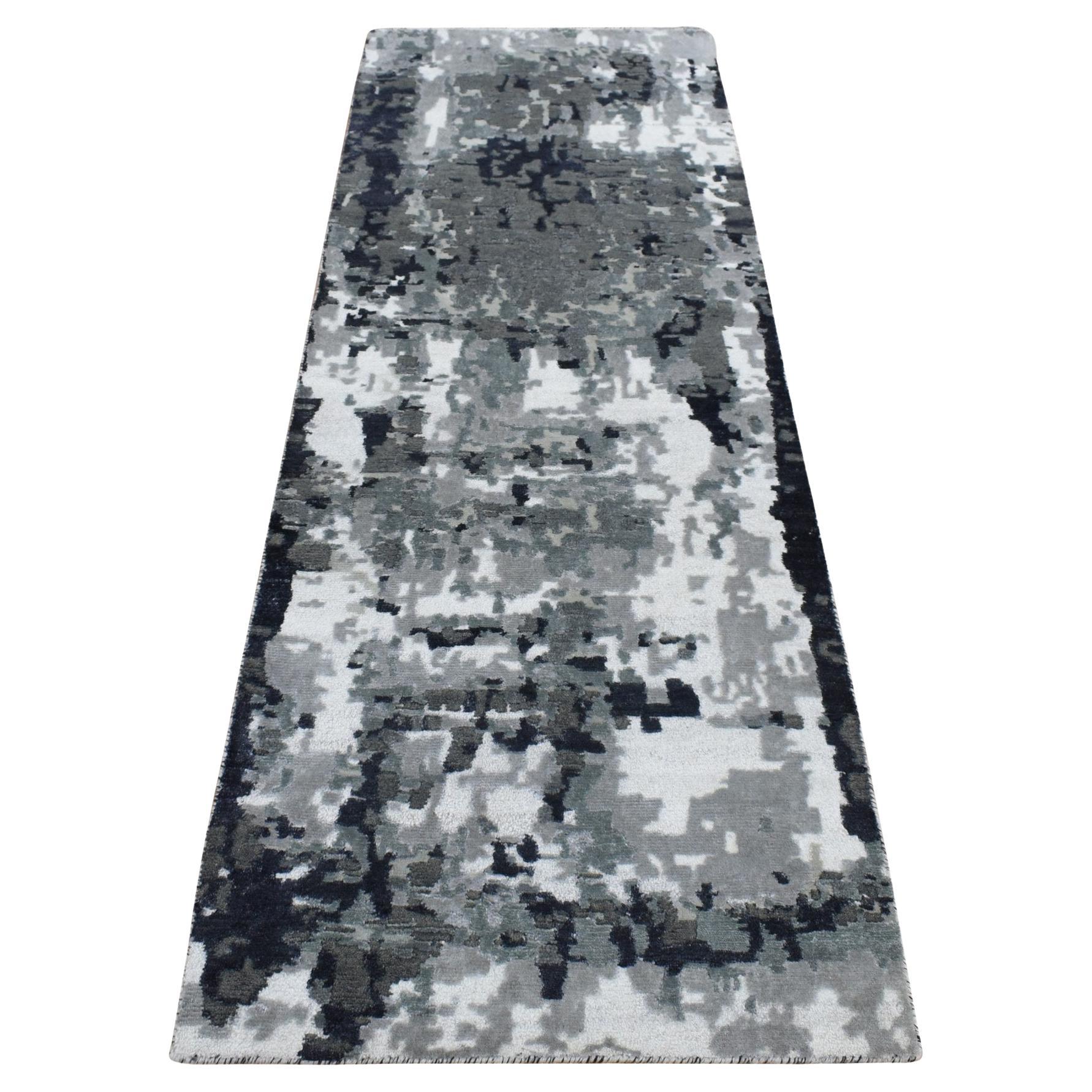 2
6 "x7
7" Eerie Schwarz Abstrakt Design Wolle und Seide Hand geknüpft Läufer Teppich