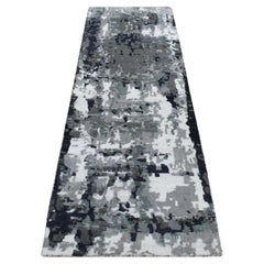 2'6"x7'7" Eerie Black Abstract Design Wool and Silk Hand Knotted Runner Rug