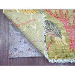 2'6"x7'8" Green Peshawar Birds of Paradise Design Hand Knotted Wool Runner Rug