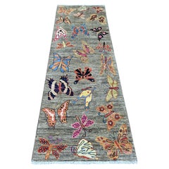 2'6 "x7'9" Grau Afghan Peshawar Schmetterling Design Hand geknüpft Wolle Läufer Teppich