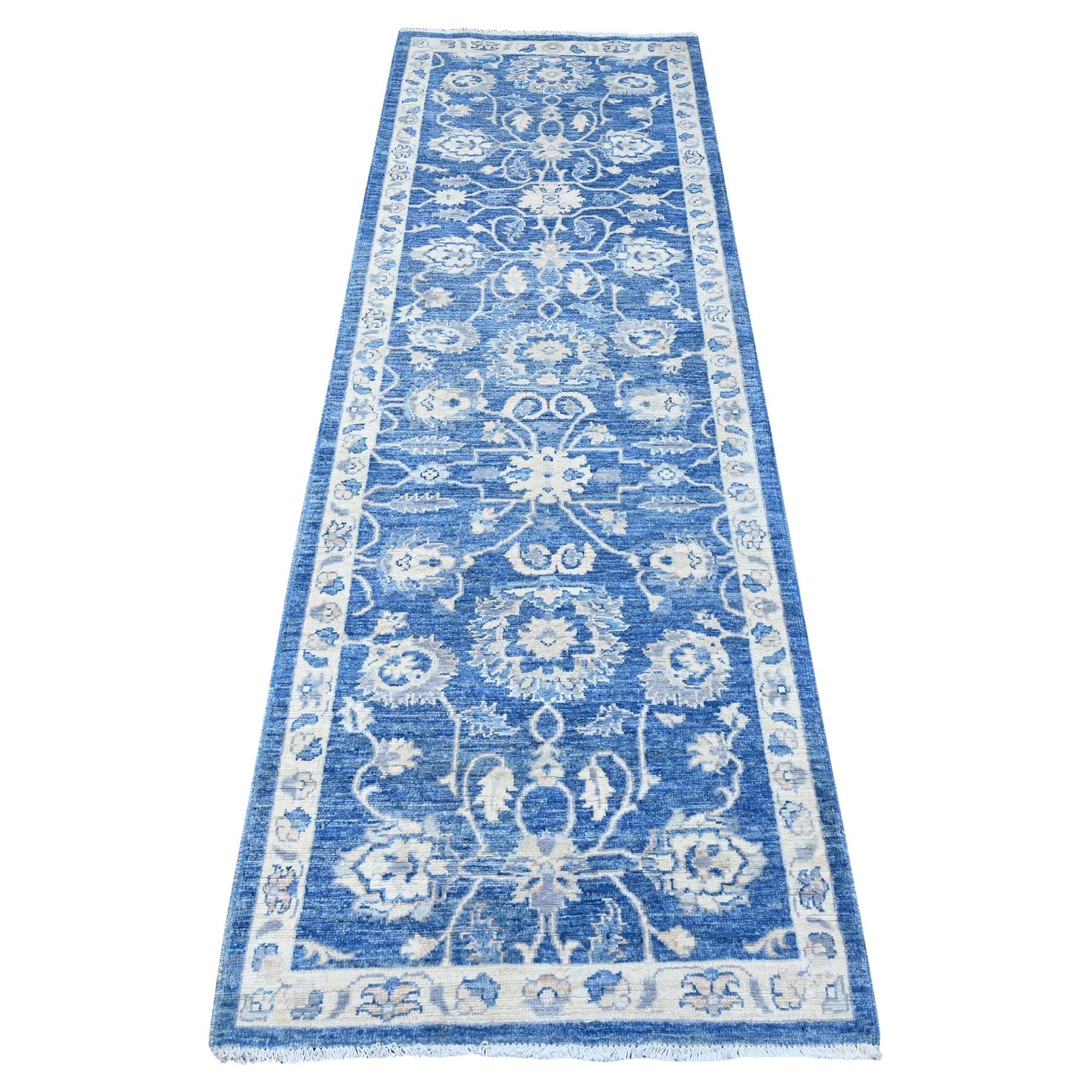 2'6"x7'9" Jeans Blauer Peshawar Mahal Design Handgeknüpfter orientalischer Läufer in Peshawar Mahal-Design