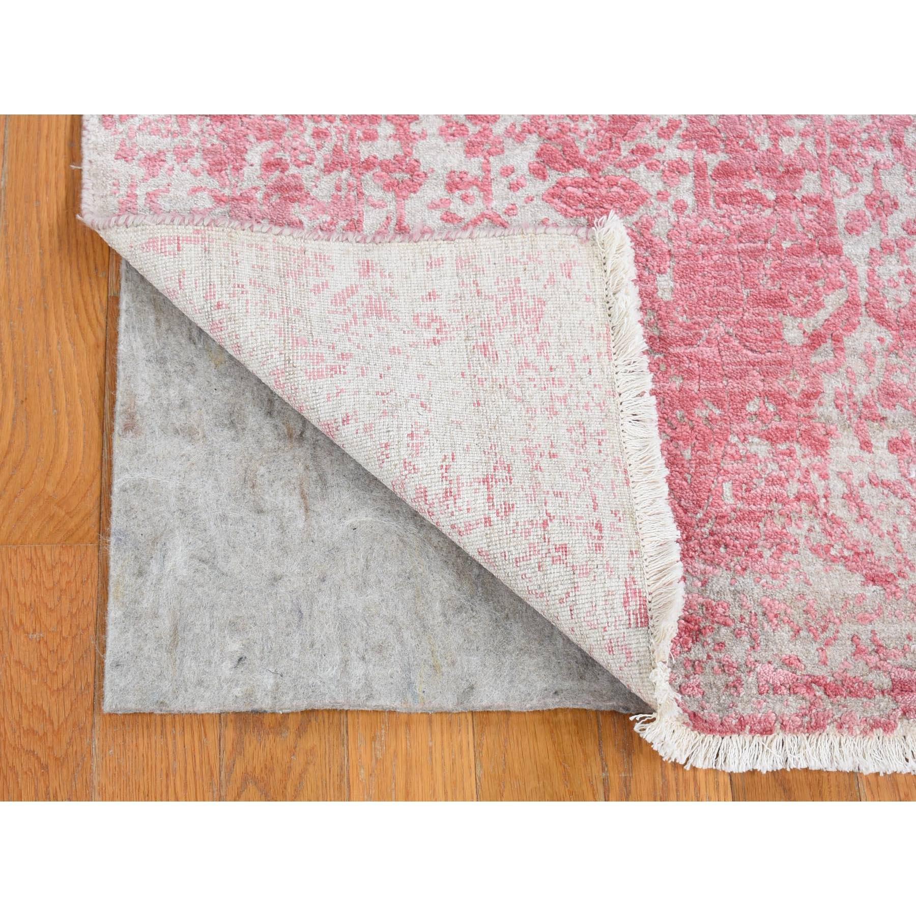 Pink, Tone on Tone, Broken Persian Design, Hand Knotted, Wool and Real Silk, Runner, Oriental Rug
Primary materials: Wool & Silk
Latex: No Pile 
height: 0.25 Inches
Style: Transitional
Primary color: Pink
Secondary colors: Ivory
Pattern: Oriental