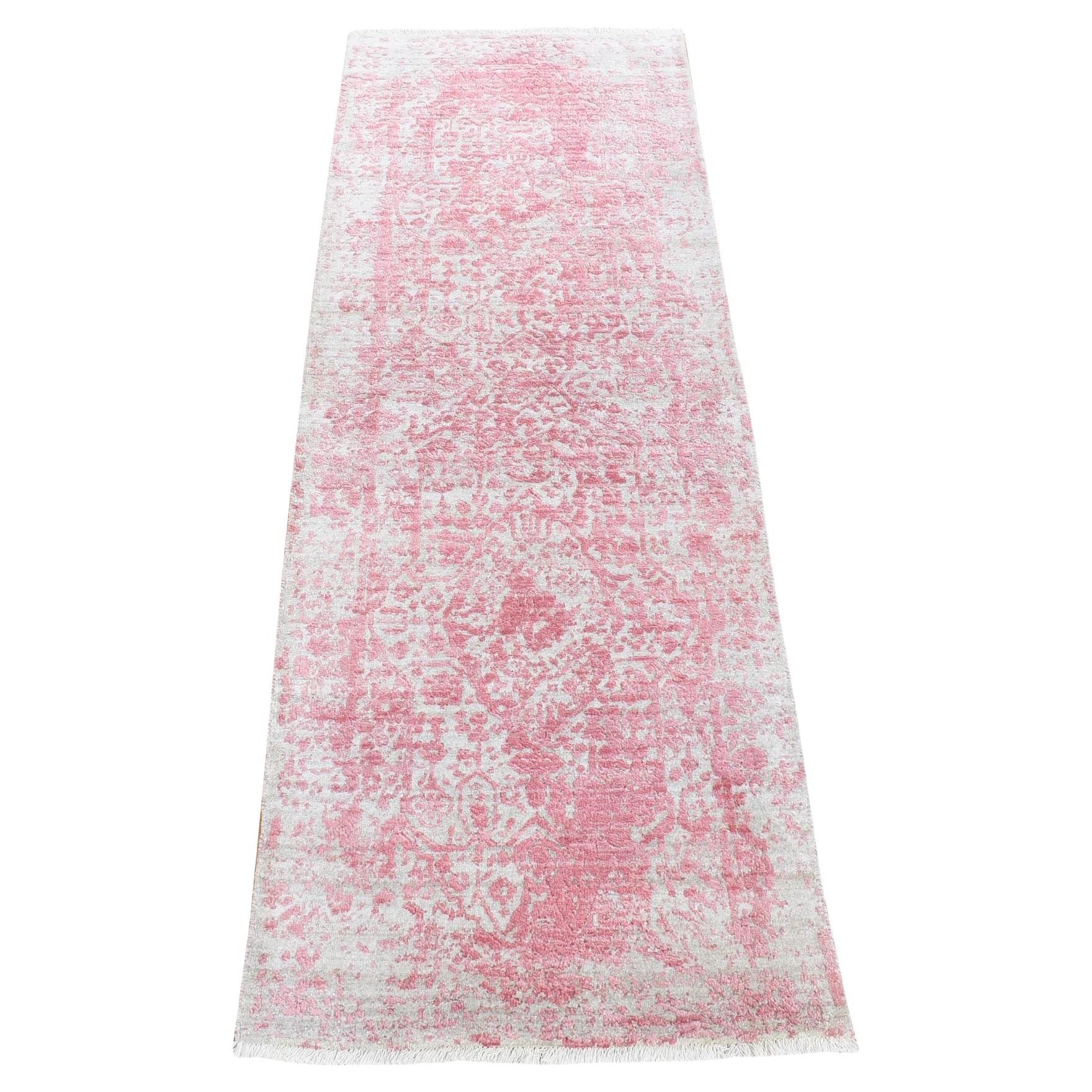 2'6"x7'9" Pink Broken Persian Design Hand Knotted Wool and Real Silk Runner Rug