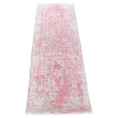 2'6"x7'9" Pink Broken Persian Design Hand Knotted Wool and Real Silk Runner Rug