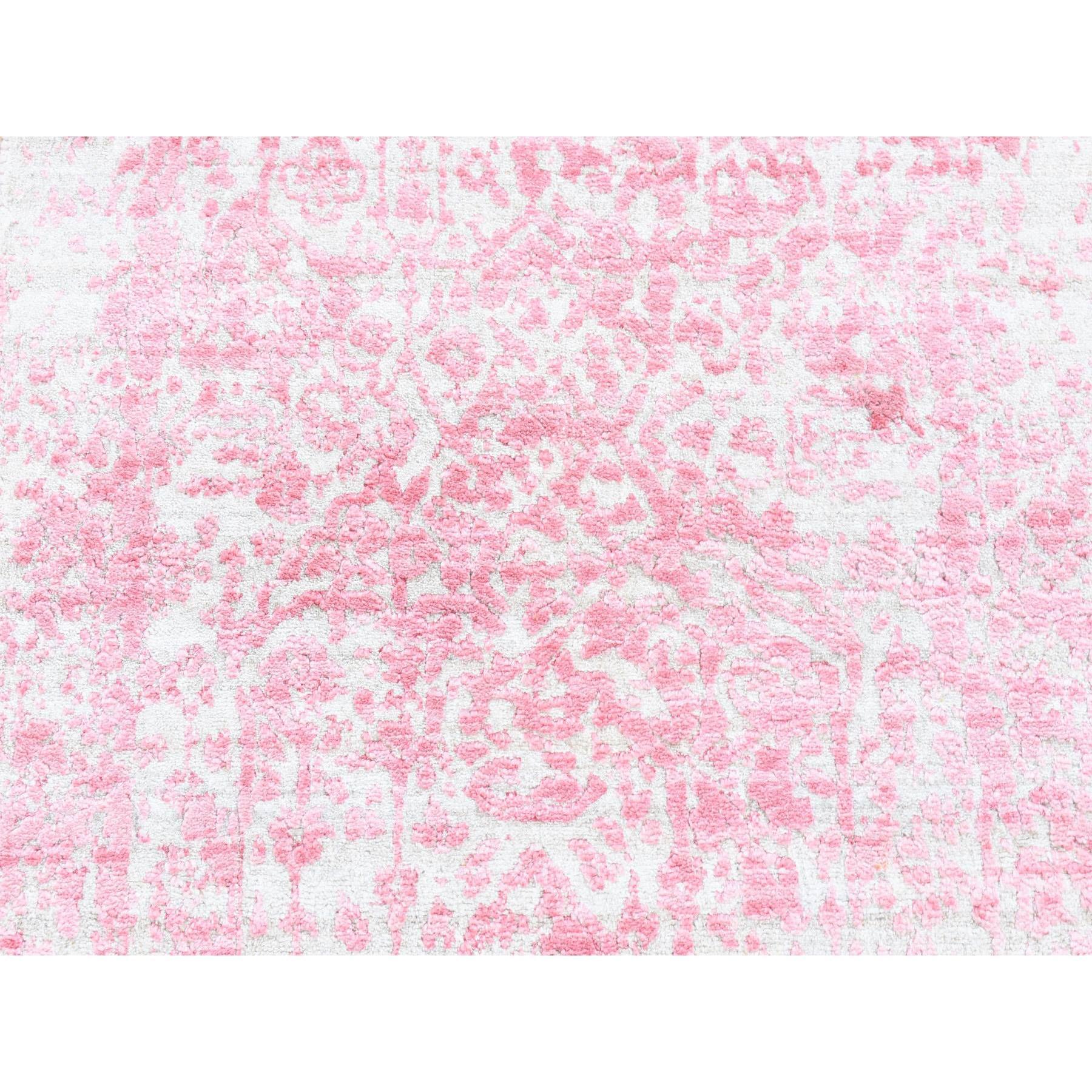 This is a truly genuine one-of-a-kind Hot Pink, Broken Persian Design Tone on Tone, Wool and Pure Silk Hand Knotted, Runner Oriental Rug. It has been Knotted for months and months in the centuries-old weaving craftsmanship techniques by expert