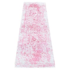 2'6"x7'9" Pink, Broken Persian Design Wool and Pure Silk Hand Knotted Runner Rug