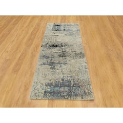 2'6"x7'9" Silver, Blue Wool & Silk Abstract Design Hand Knotted Runner Rug