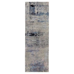 2
6"x7
9" Silver, Blue Wool 
Silk Abstract Design Hand Knotted Runner Rug
