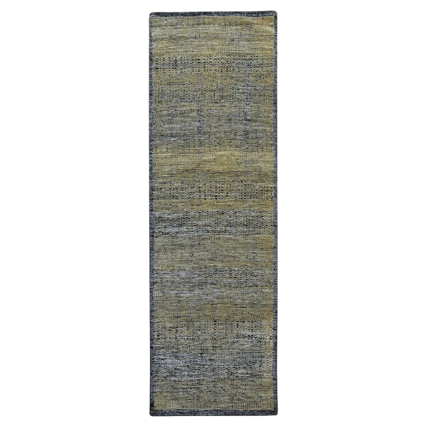 Tappeto Runner in pura lana annodata a mano 2'6 "x8' nero e marrone con disegno dell'erba ossidata