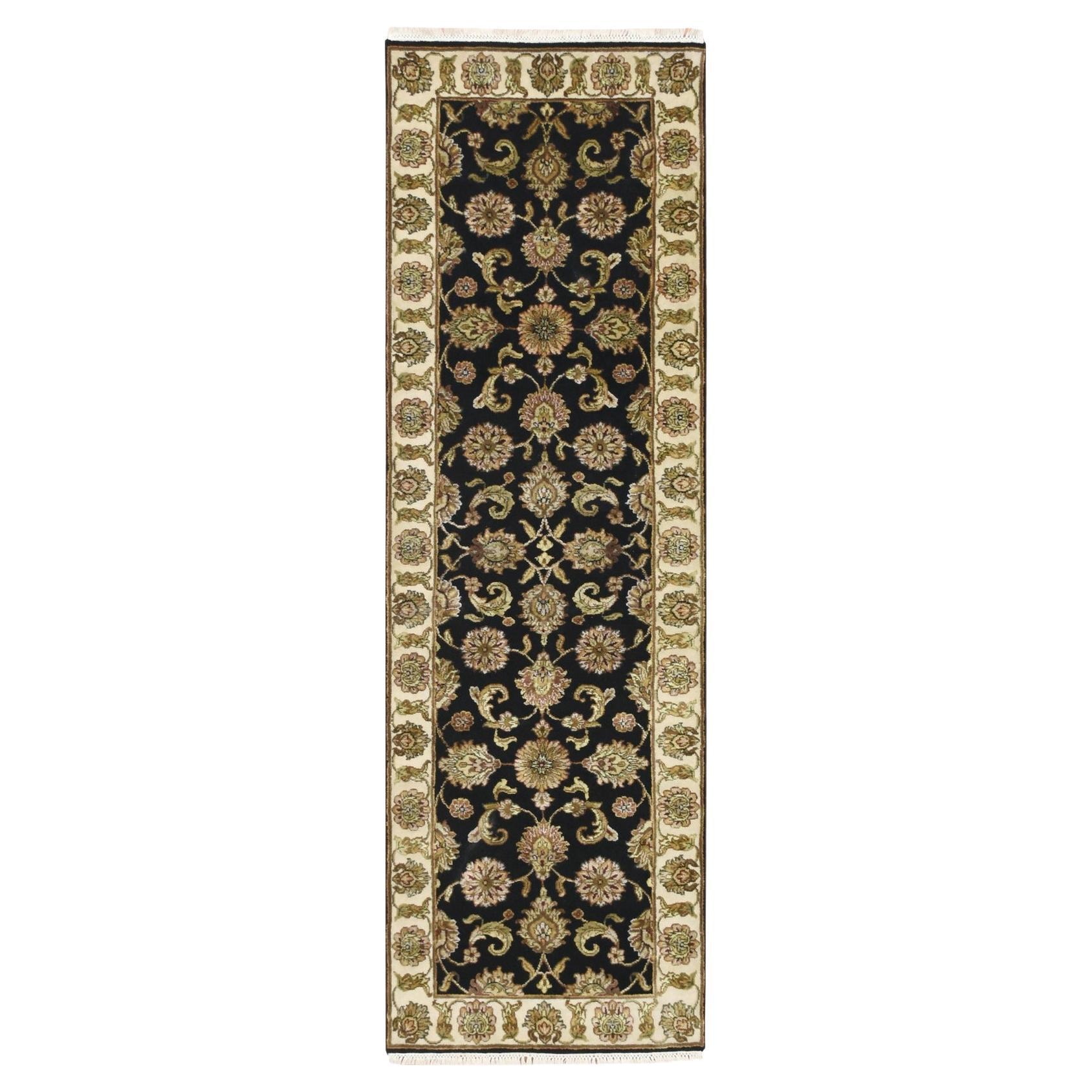 2'6"x8' Black Hand Knotted Rajasthan Leaf Design Wool and Silk Runner Rug