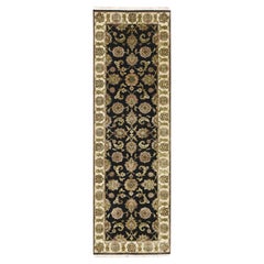 2'6"x8' Black Hand Knotted Rajasthan Leaf Design Wool and Silk Runner Rug